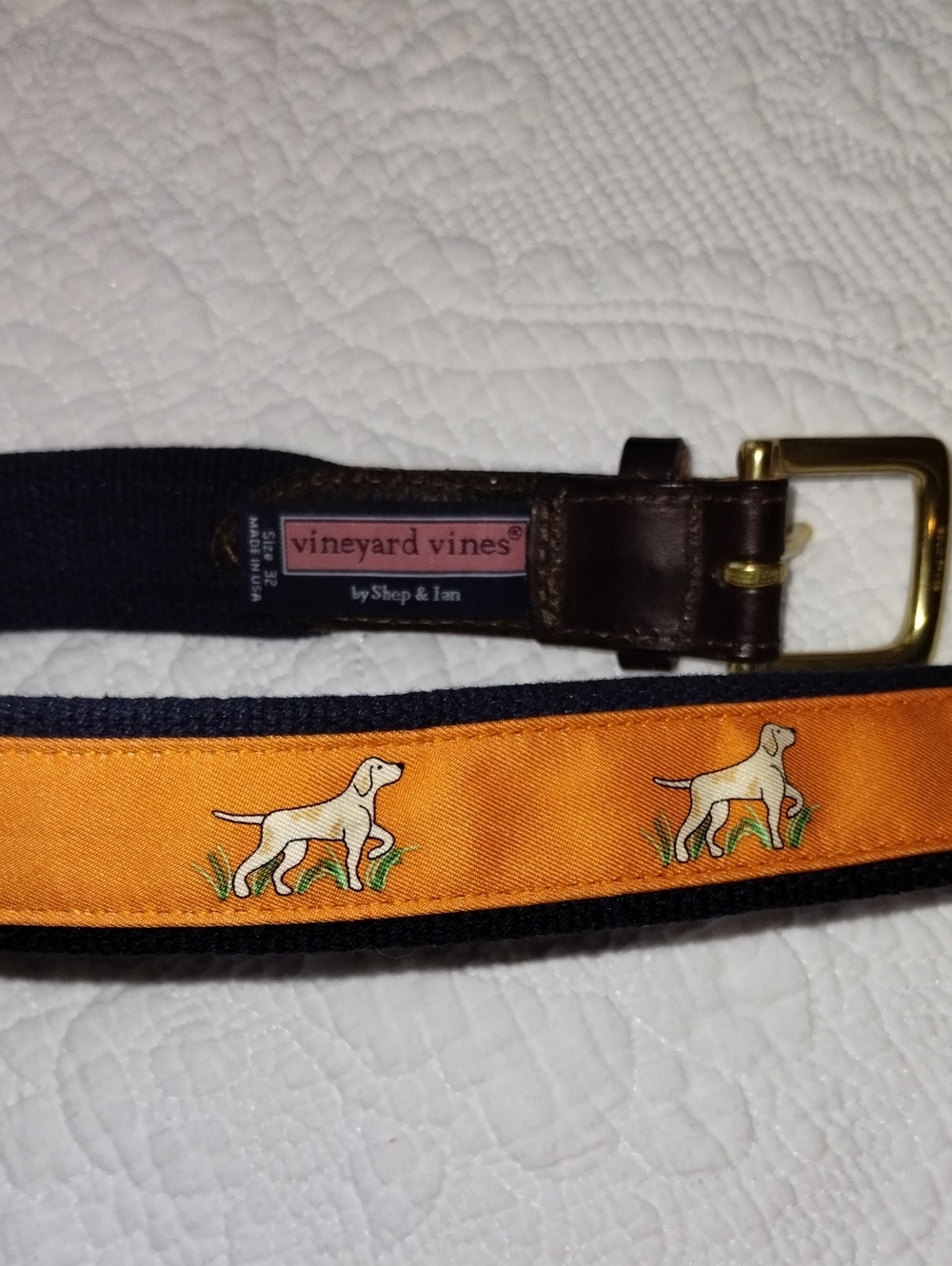 Vineyard Vines Orange Dog Embroidered Canvas Belt with Leather Trim